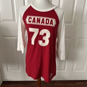 Roots Canada Womens Jersey T Shirt Size Large Beaver Maple Leaf Colorblock Red
